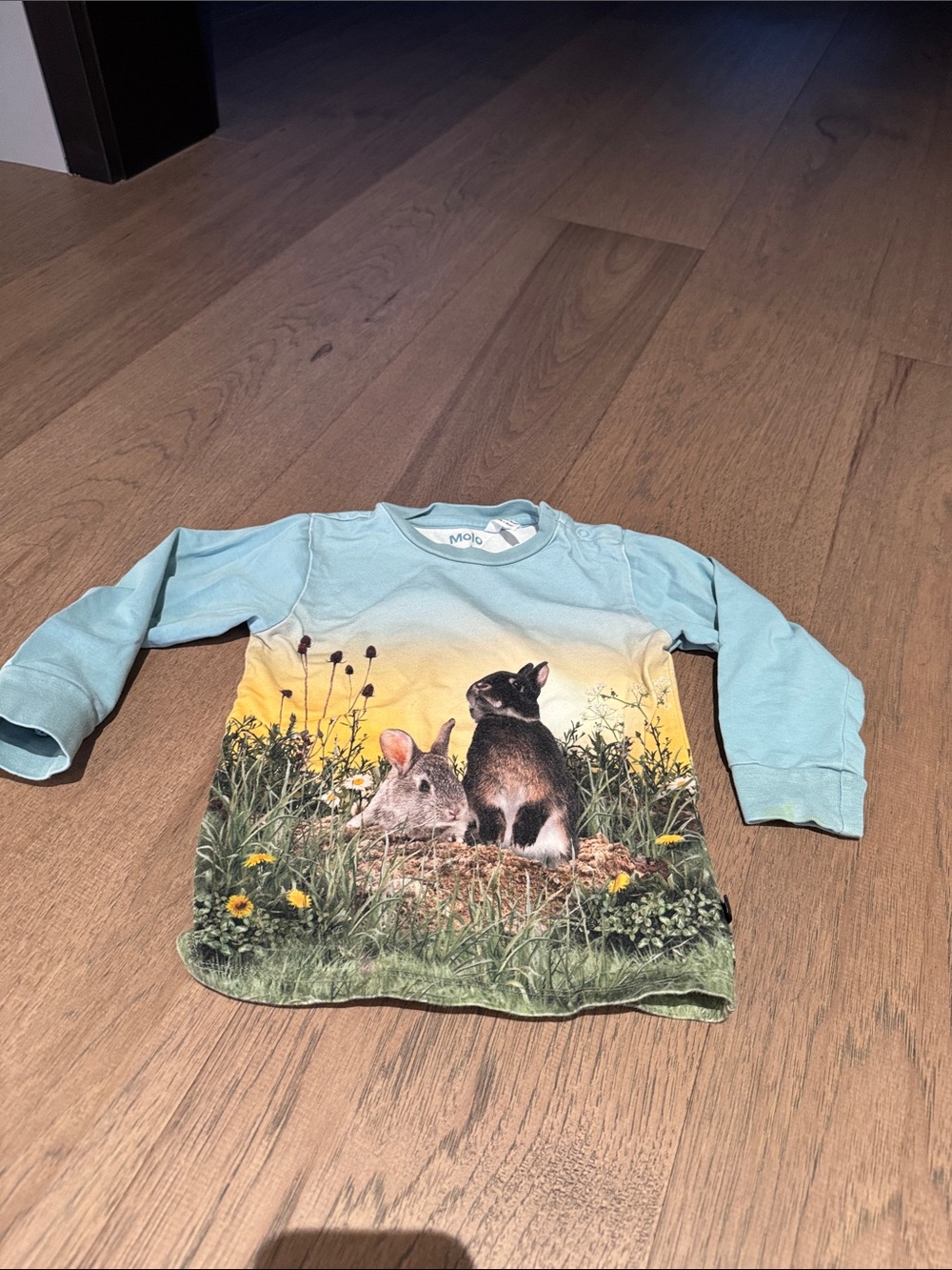 Molo Light Blue Long-Sleeve Top with Bunny Meadow Print